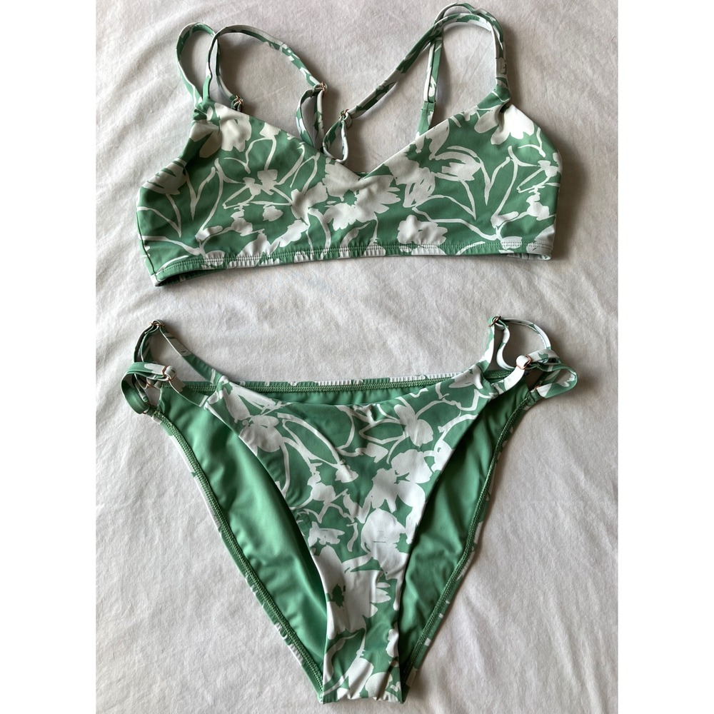 Jolyn Athletic Bikini Set Green White Floral Top L Bottom XL Recycled UPF 50+